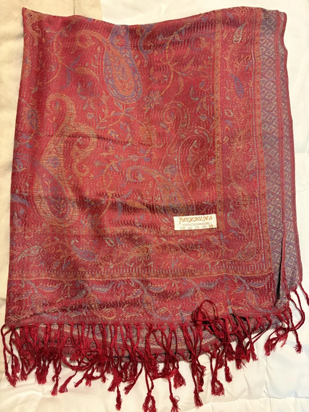 100% Cashmere Pashmina Shawl Wrap Burgundy Paisley Fringe 27” x 73”